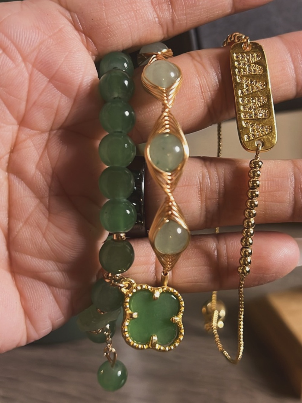 3PCS Set Gold and Green Aventurine Bead Bracelet with Clover Charm - Picture 3 of 7